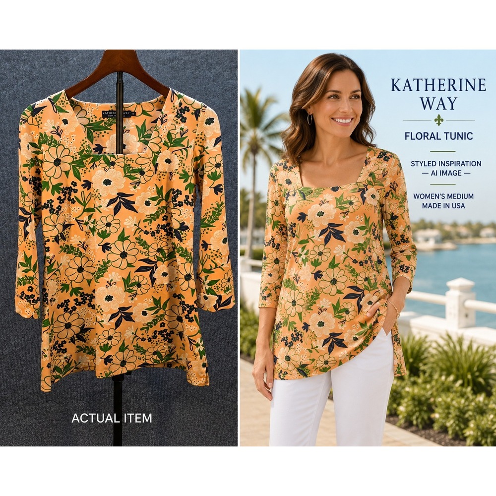 Katherine‎ Way Tunic Top Women M Peach Floral Excellent UPF 50+ Made in USA
